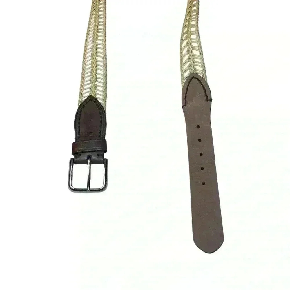 Tumi 35"-39”Belt Woven Cotton Cord Leather Brown Cream Silver Buckle Size 38 - Picture 10 of 10
